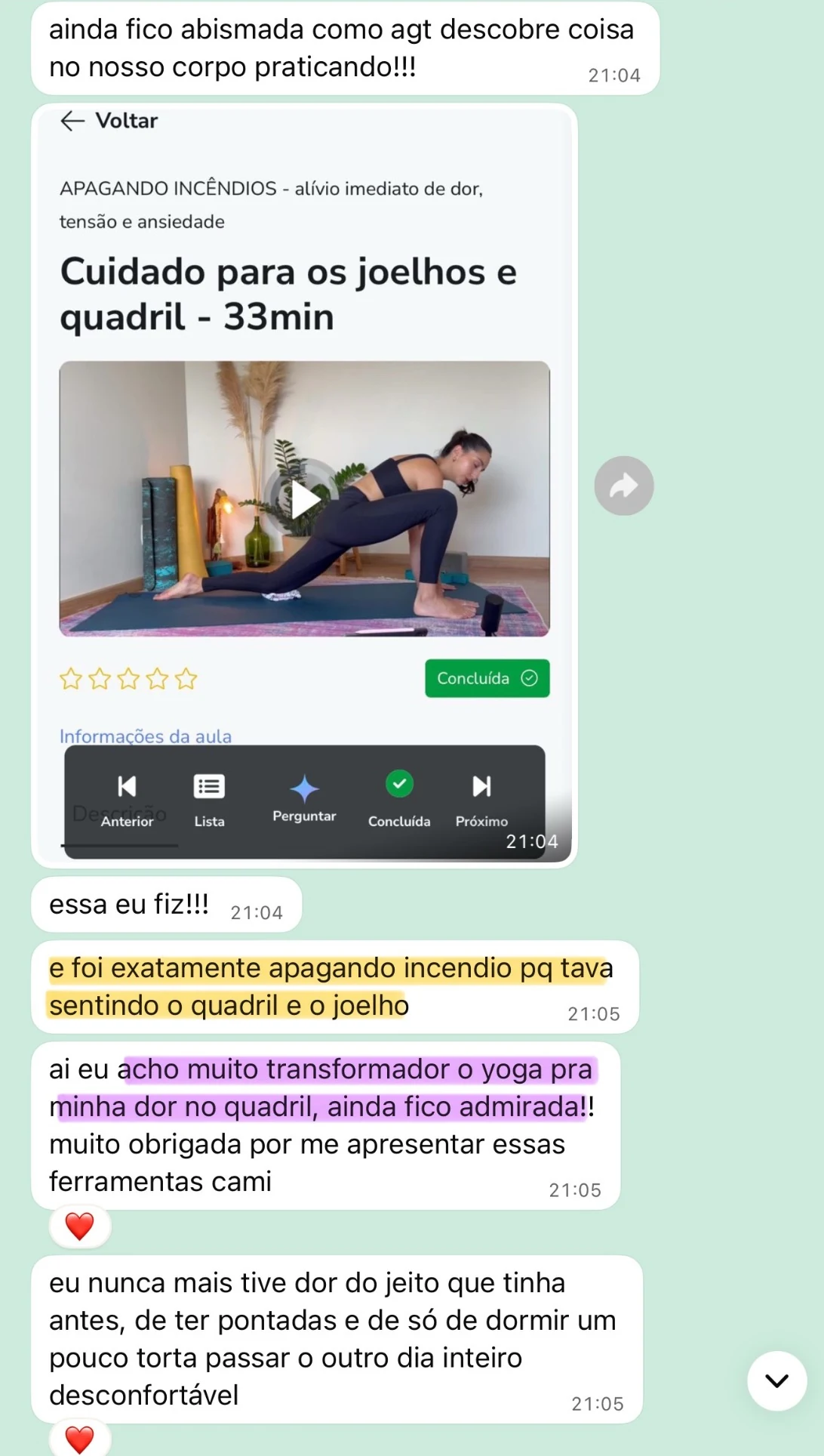 Depoimento anônimo sobre melhora de dor no quadril e joelho
