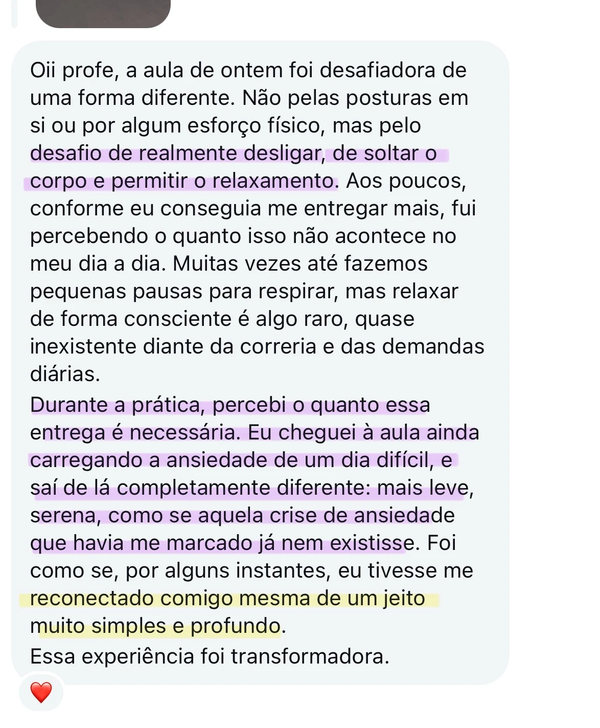 Depoimento anônimo sobre relaxamento, ansiedade e reconexão consigo