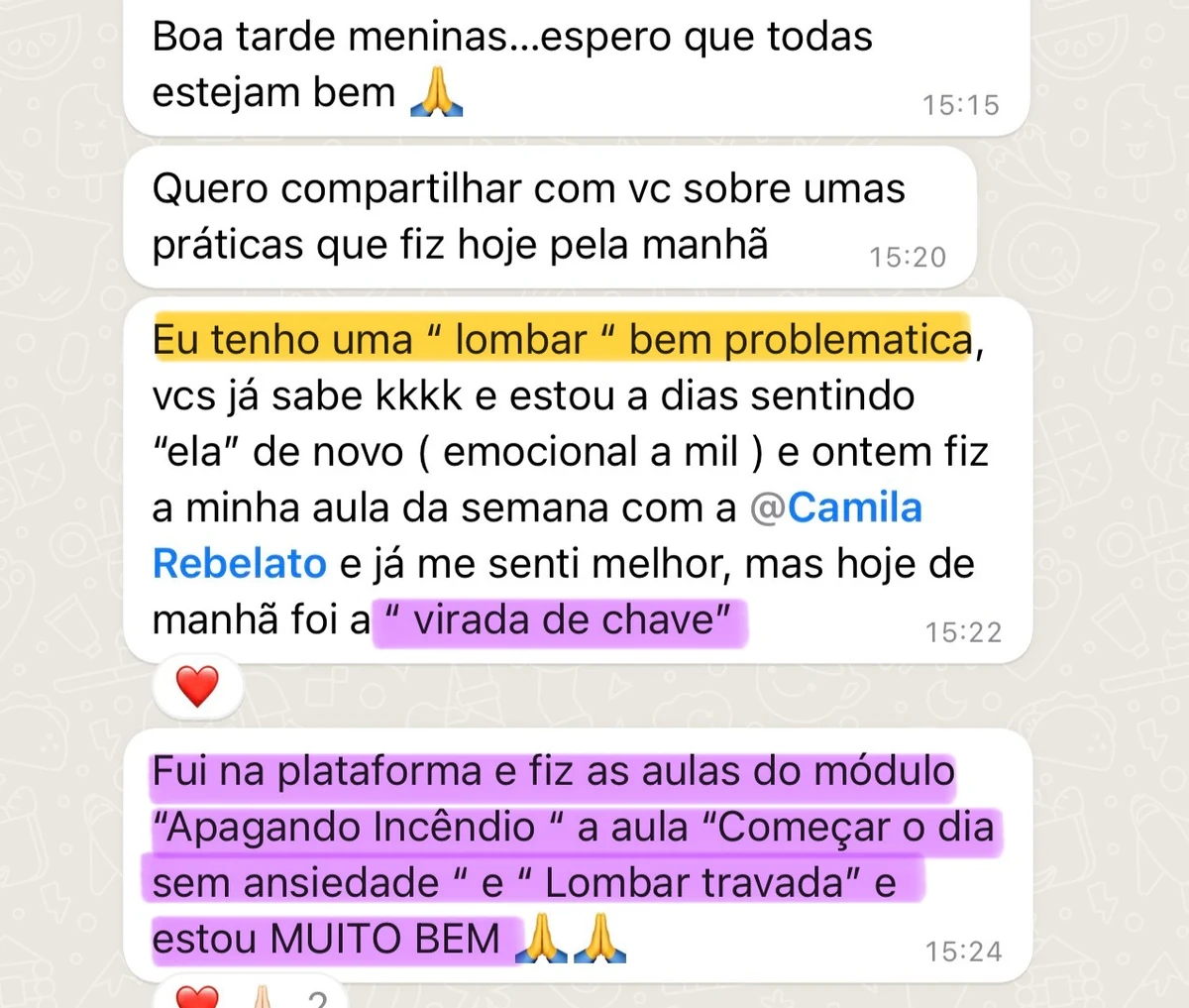 Depoimento anônimo sobre melhora da lombar e práticas da plataforma