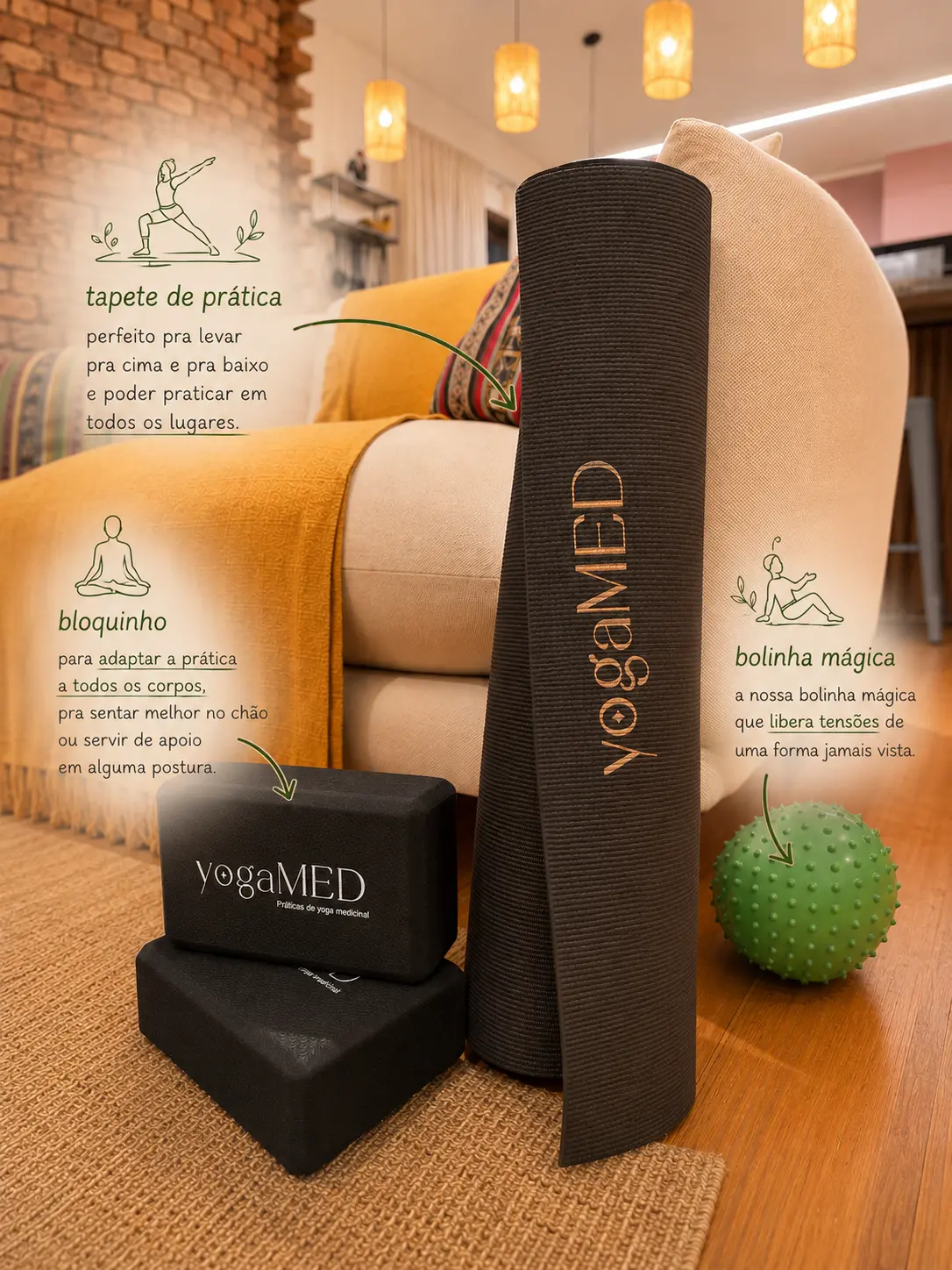 Kit Praticante YogaMED com tapete, blocos e bolinha texturizada